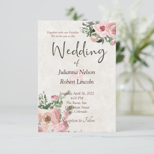Faire-part de mariage floral aquarelle rose (Debout devant)