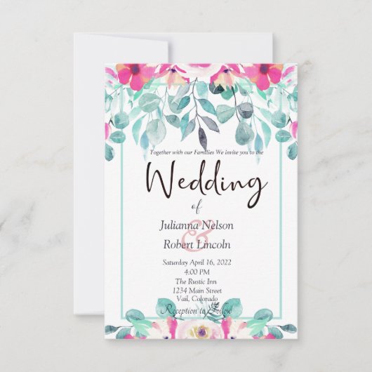 Faire-part de mariage floral aquarelle rose printe (Devant)