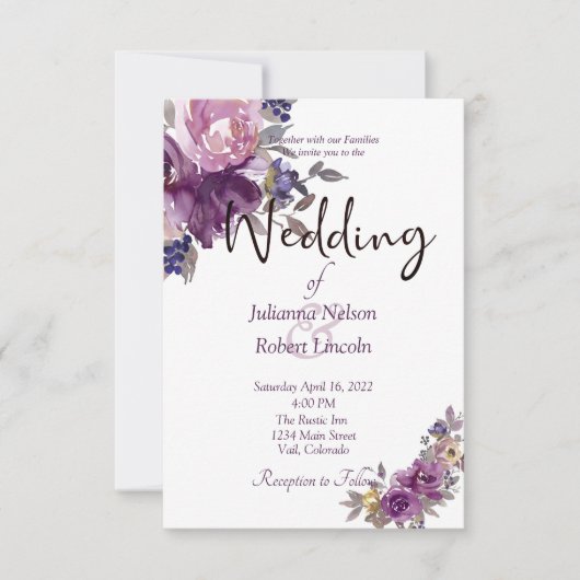 Faire-part de mariage floral aquarelle violet (Devant)