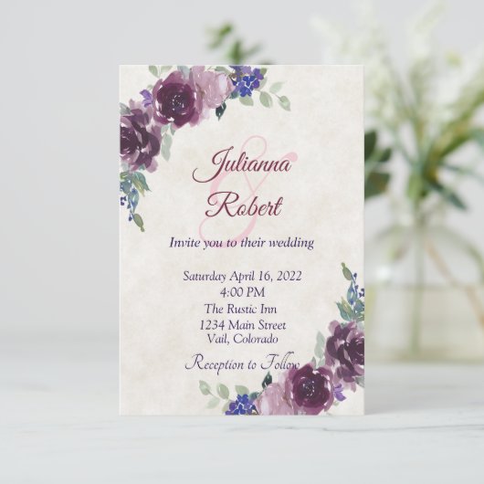 Faire-part de mariage floral aquarelle violet à pe (Debout devant)