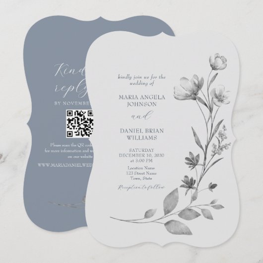 Faire-Part de Mariage Floral Argent Rustique (Devant / Derrière)