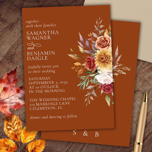 Faire-part de mariage floral automnal en terre cui