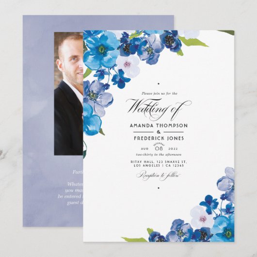 Faire-part de mariage floral aux teintes de bleu (Devant / Derrière)