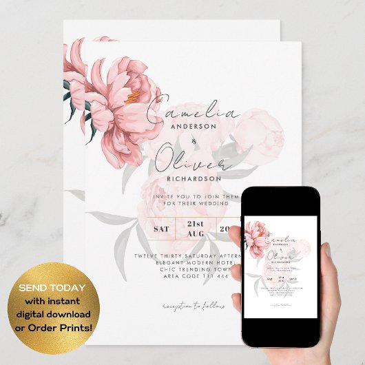 Faire-part de mariage floral avec des pivoines ros