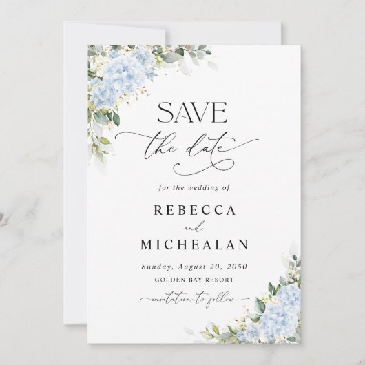Faire-part de mariage floral avec Hydrangea Bleu (Devant)