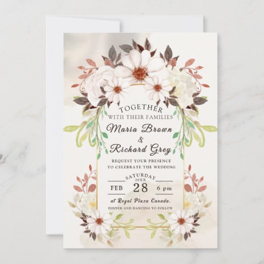 Faire-part de mariage floral beige (Devant)