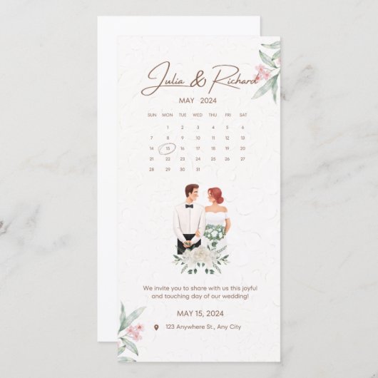 Faire-part de mariage floral beige et vert formel (Devant / Derrière)