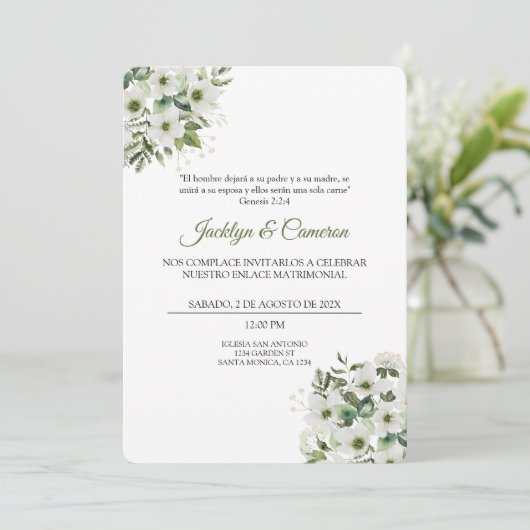 Faire-part de mariage Floral blanc et vert (Debout devant)