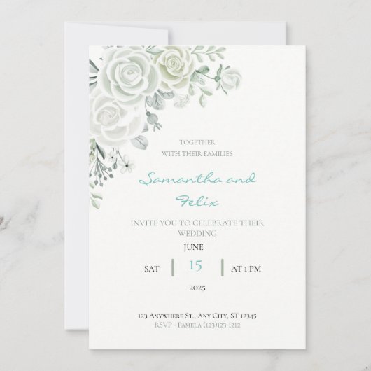 Faire-part de mariage floral blanc et vert (Devant)