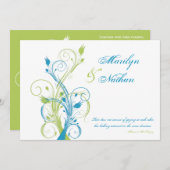 Faire-part de mariage floral blanc vert turquoise (Devant / Derrière)