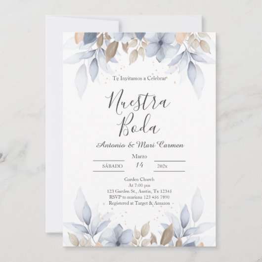 Faire-part de mariage Floral Bleu (Devant)