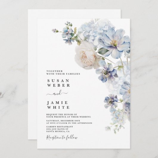 Faire-part de mariage Floral Bleu (Devant / Derrière)