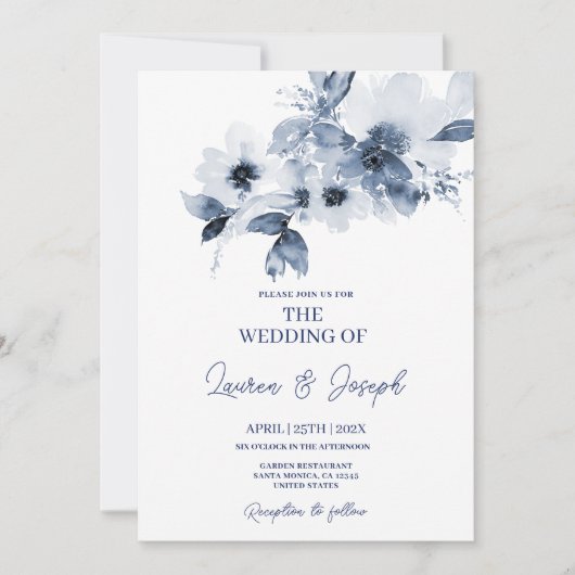 Faire-part de mariage Floral Bleu (Devant)