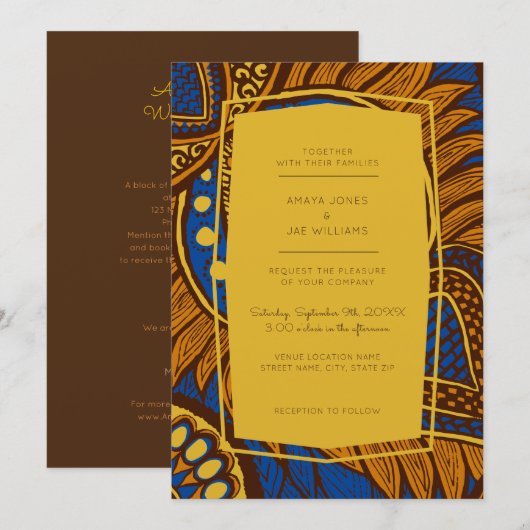 Faire-part de mariage Floral Bleu Ankara Africain (Devant / Derrière)