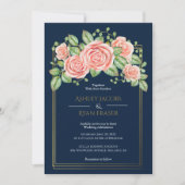 Faire-part de mariage floral bleu bleu marine (Devant)