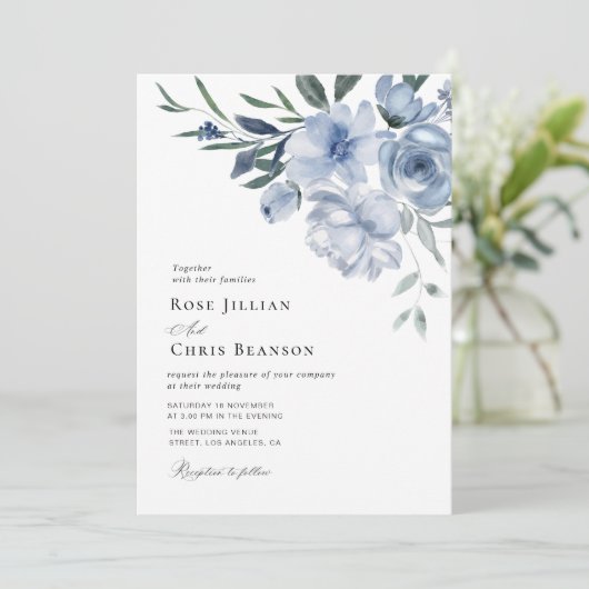 faire-part de mariage floral bleu bohème (Debout devant)