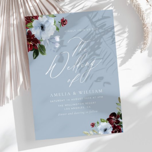 faire-part de mariage floral bleu bordeaux