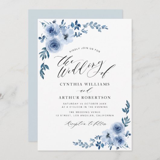 faire-part de mariage floral bleu clair (Devant / Derrière)