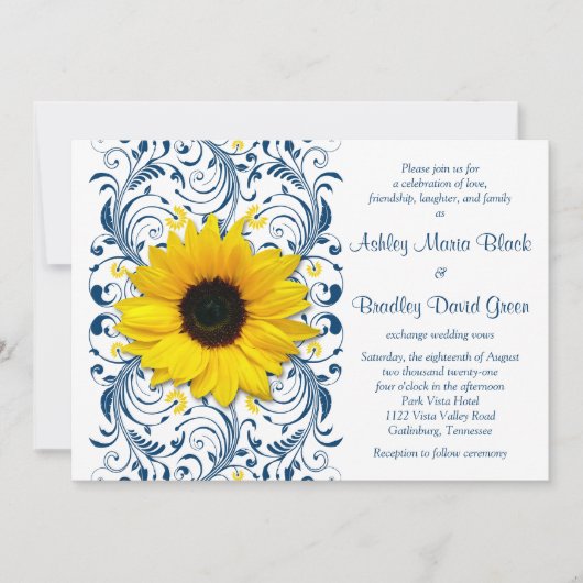 Faire-part de mariage floral bleu de la Sunflower  (Devant)