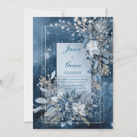 Faire-part de mariage Floral Bleu d'hiver (Devant)