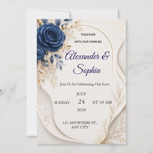 Faire-part de mariage floral bleu élégant (Devant)