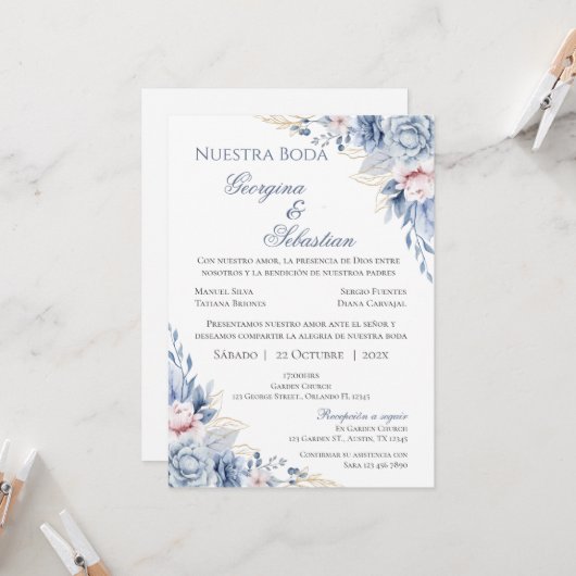 Faire-part de mariage Floral Bleu Espagnol (Devant/Arrière en situation)
