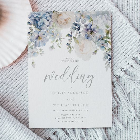 Faire-part de mariage floral bleu et blanc Dusty
