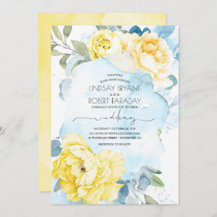 Faire-part de mariage floral bleu et jaune poussié