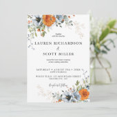 Faire-part de mariage floral bleu et orange (Debout devant)