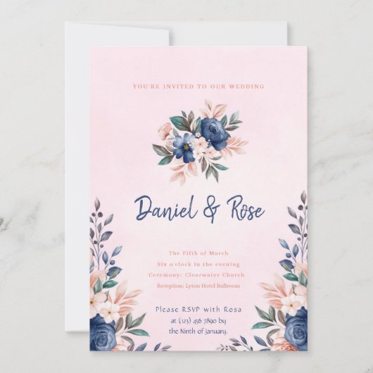 Faire-part de mariage floral bleu et rose (Devant)