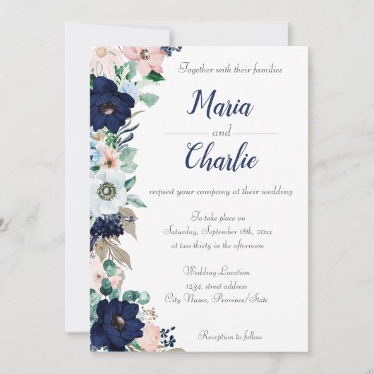 Faire-part de mariage floral bleu et rose de Navy (Devant)