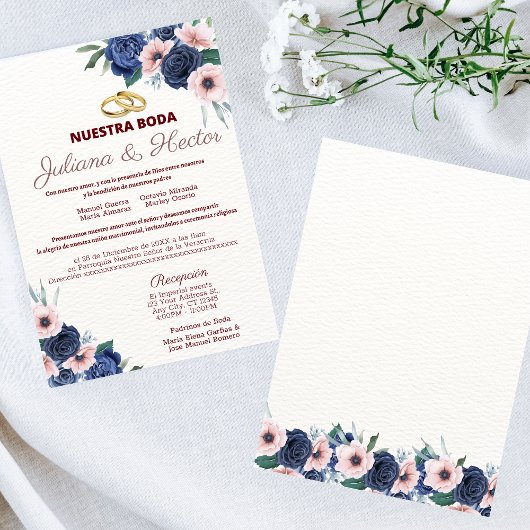 Faire-part de mariage floral bleu et rose marine