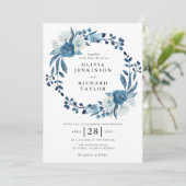 Faire-part de mariage floral bleu foncé (Debout devant)