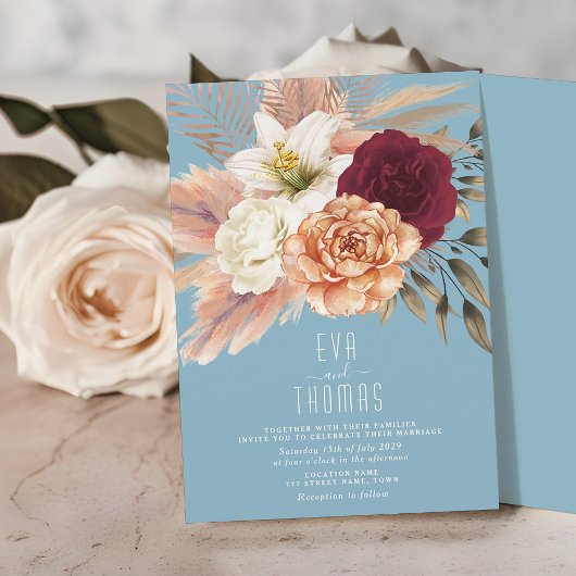 Faire-part de mariage floral bleu foncé rose