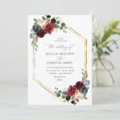 Faire-part de mariage floral bleu marine bordeaux (Debout devant)