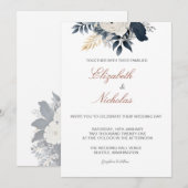 Faire-part de mariage floral bleu marine et argent (Devant / Derrière)