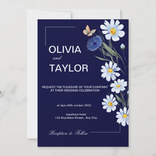 Faire-part de mariage floral bleu marine et bleu c (Devant)