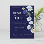 Faire-part de mariage floral bleu marine et bleu c (Debout devant)