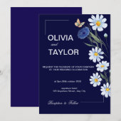 Faire-part de mariage floral bleu marine et bleu c (Devant / Derrière)