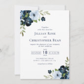 faire-part de mariage floral bleu marine et bleu c (Devant)