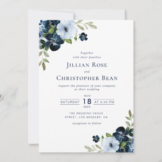 faire-part de mariage floral bleu marine et bleu c (Devant)