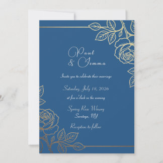 Faire-part de mariage floral bleu marine et or