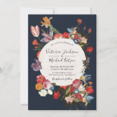 Faire-part de mariage floral bleu marine foncé et  (Devant)