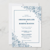 Faire-part de mariage floral bleu marine moderne (Devant)