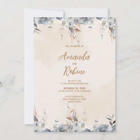 Faire-part de mariage Floral bleu moderne (Devant)