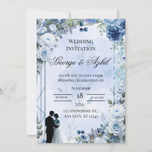 Faire-part de mariage floral bleu moderne (Devant)