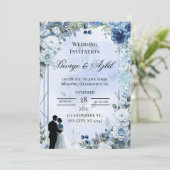 Faire-part de mariage floral bleu moderne (Debout devant)