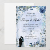 Faire-part de mariage floral bleu moderne (Devant / Derrière)