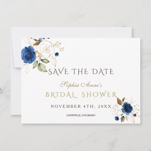 Faire-part de mariage floral bleu or (Devant)