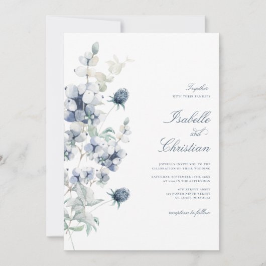 Faire-part de mariage floral bleu poussiéreux (Devant)
